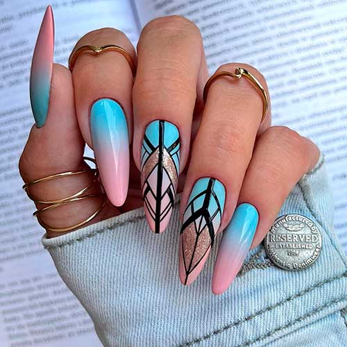 Long almond-shaped Pink and Blue Ombre Nails 2023 with geometric nail art and gold glitter