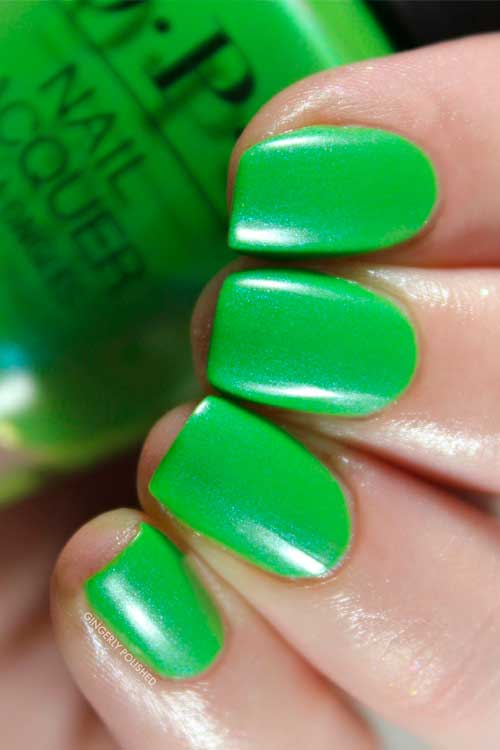 Short square shimmer lime green nails use OPI Make Rainbows from Power of Hue Collection