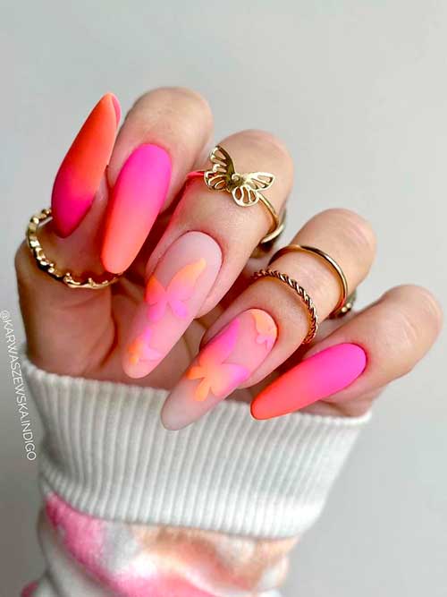 Matte Neon Ombre Pink Orange Nails with Butterflies Design Matte Ombre Hot Pink to Orange Neon Nails with Butterflies for Summer 2022