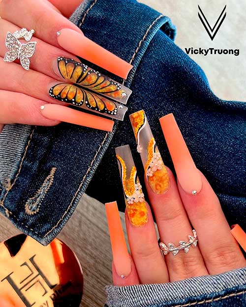 Long Matte Coffin Orange Ombre Nail Design with Butterfly and Glitter Flame Accents for Summer 2022