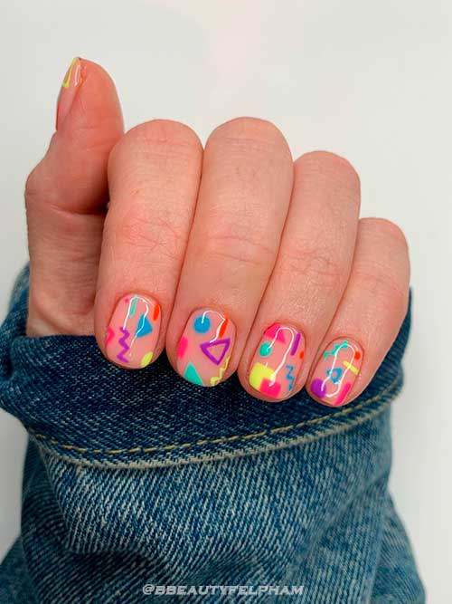 Memphis print Neon Nails Short Neon Memphis print Nails on Nude Base color for Summer 2022