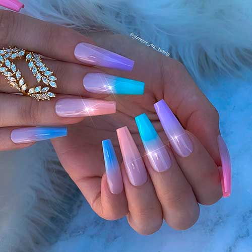 Long Multicolor Coffin Ombre Nails Design