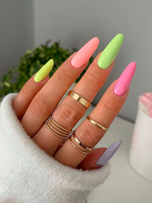 Long Almond Multicolored Pastel Neon Nails for Summer and Spring 2022 