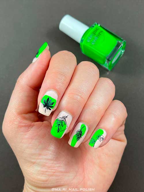 Square Negative space Neon Green Nails for Summer 2022