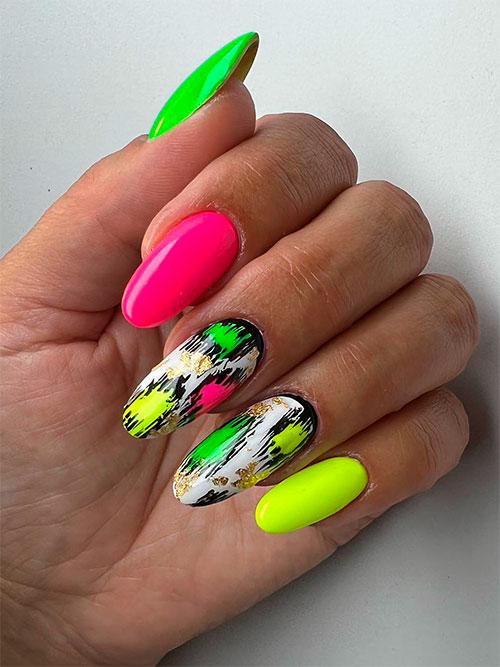 Long Round Neon Multicolor Nails with Leopard Print on Two Accents Adorned with Gold Foil