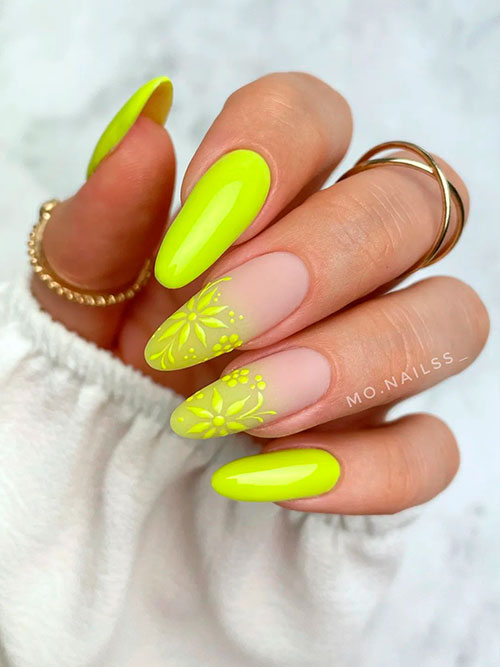 Long Almond Neon Yellow Nails with Flowers on Two Ombre Accents Design