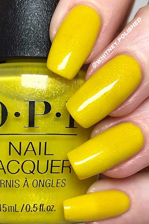 OPI Nail Polish Bee Unapologetic Long Square Shimmer Lemon Yellow Nails Using OPI Nail Polish Bee Unapologetic from OPI Summer Power of Hue Collection