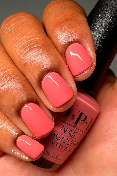 Short shimmery Coral Nails using OPI Nail Polish Sun-rise Up