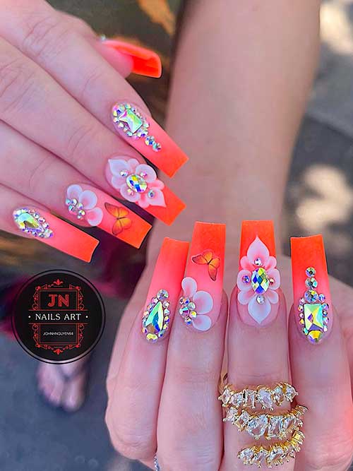 Long Square Ombre Orange Neon Nails with Flowers, Butterflies, and Rhinestones