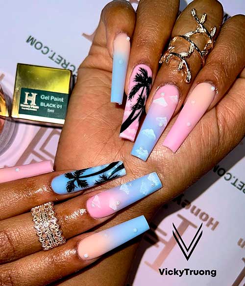 Pastel Pink and Blue Summer Ombre Nails Long Pastel Coffin Pink and Blue Summer Ombre Nails 2022 with tiny pearls and Two Accents with Clouds and palm