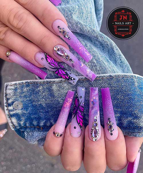 Long Coffin Purple Ombre Nails Design with Glitter, Rhinestones, and Butterflies for Spring and Summer 2022