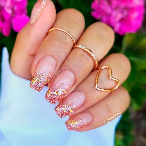 Rose Gold Glitter Ombre Nail Design on Nude Coffin Nails for A Party