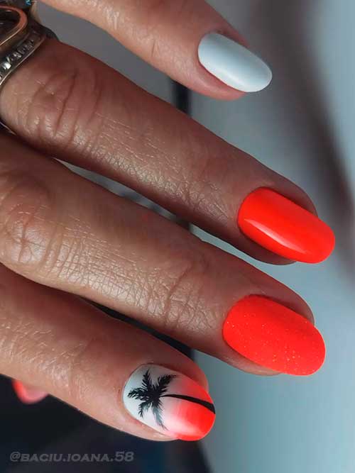Short Summer Neon Orange Nails 2022 with Light Grey Nail, and A Palm Tree on Neon Orange Ombre Nail