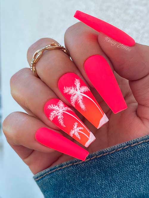 Summer Palm Tree Nails on Matte Coffin Neon Orange Nails for Summer 2022