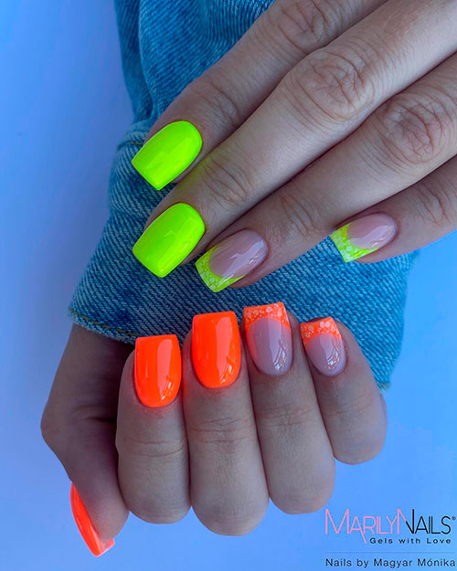 Square Two Hands Different Neon Color Nails - Neon Yellow and Orange Nails 2022 for Summer Season with Two French Accents