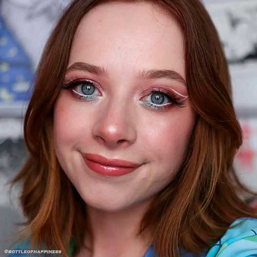 White Fun Eyeliner Look with Shimmer Rose Gold and Blue Eyeshadows for Summer 2022