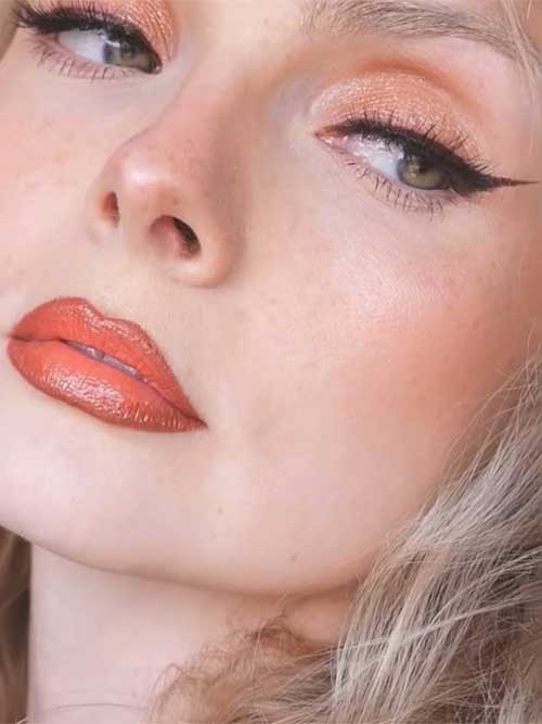 Elegant makeup look with soft neutrals, subtle shimmer, defined brows, radiant skin, and red lips contoured with nude shade. Elegant makeup look with soft neutrals, subtle shimmer, defined brows, radiant skin, and red lips contoured with nude shade.