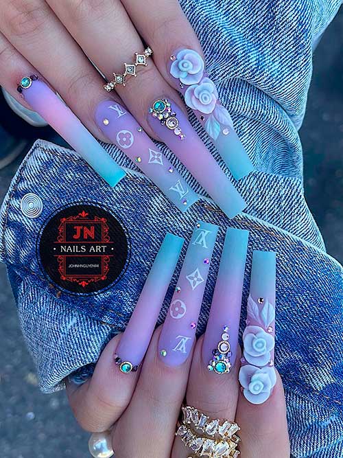 Long Coffin Shaped Blue and Purple Ombre Nails with 3D Flowers and Rhinestones
