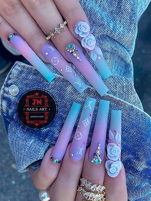 Blue and Purple Ombre Nails Long Coffin Shaped Blue and Purple Ombre Nails with 3D Flowers and Rhinestones