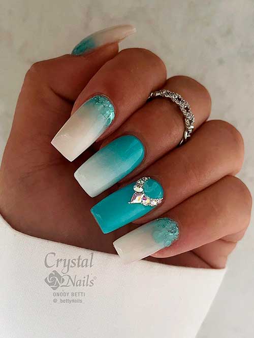 Ocean Blue and White Ombre Square Nails with Glitter and Rhinestones