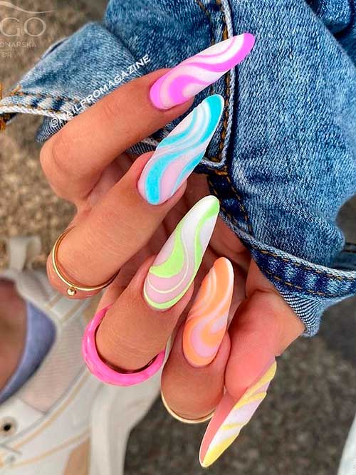 Long Almond Colorful Swirl Nails 2022 on Ombre Base Color for Summer 2022