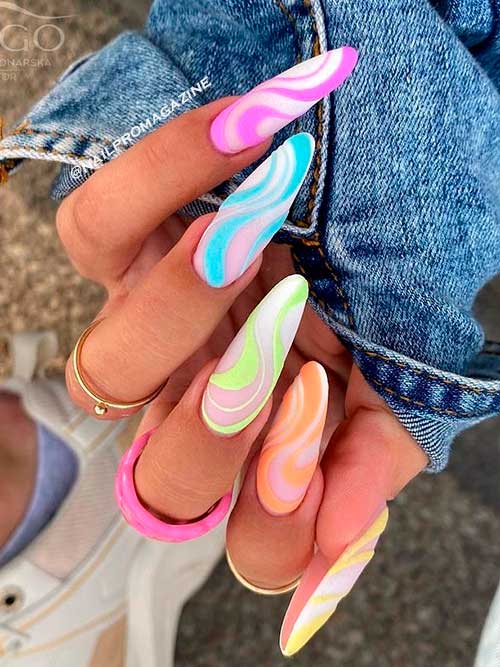 Colorful Swirl Nails Long Almond Colorful Swirl Nails 2022 on Ombre Base Color for Summer 2022