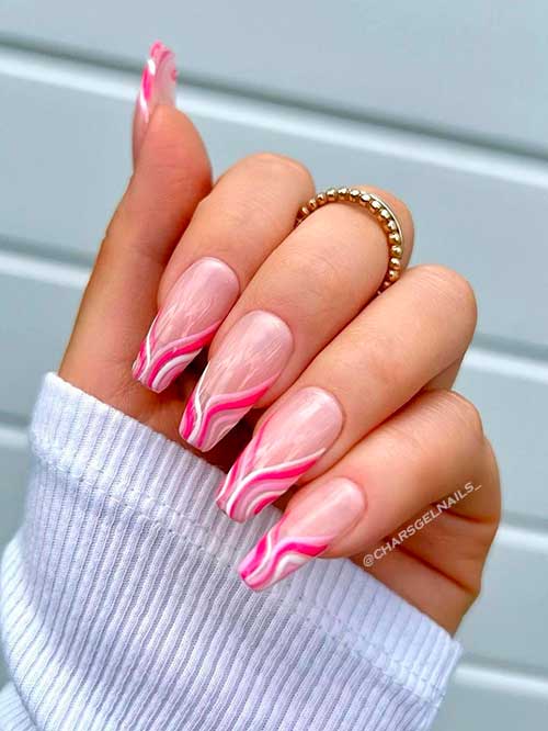Long Coffin Shaped Pink Swirl Nails on Nude Base Color for Summertime
