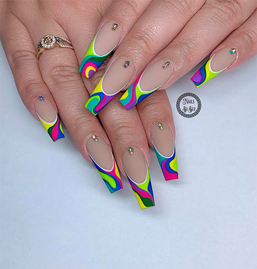 Medium Coffin Shaped French Abstract Swirl Nails with Rhinestones for Summer 2022