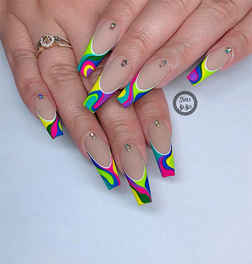 French Abstract Swirl Nails Medium Coffin Shaped French Abstract Swirl Nails with Rhinestones for Summer 2022
