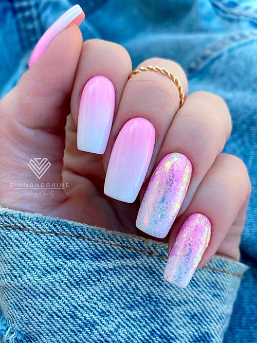 French Ombre Nails with Aurora Glitter on Two Accents