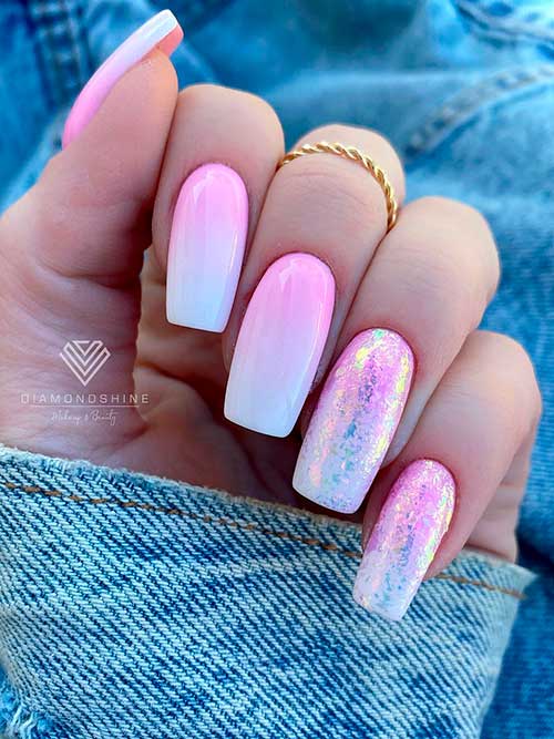 French Ombre Nails with Aurora Glitter French Ombre Nails with Aurora Glitter on Two Accents