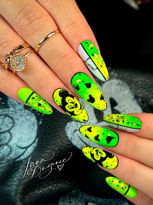 Long Almond Fun Green to Yellow Neon Nails with Black Mickey Mouse Nail Art for Summer 2022