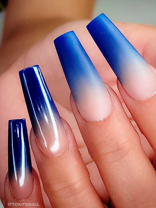 Long Glossy and Matte Blue Ombre Nails Coffin Shaped Idea for Summer 2022