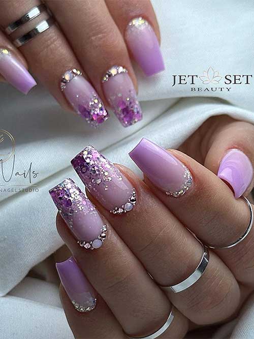 Medium Coffin Shaped Lavender Purple Ombre Nails with Rhinestones and Glitter