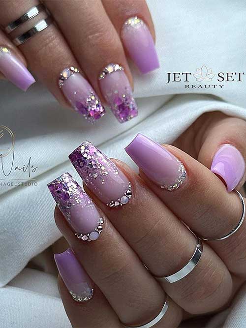Lavender Purple Ombre Nails with Rhinestones Medium Coffin Shaped Lavender Purple Ombre Nails with Rhinestones and Glitter