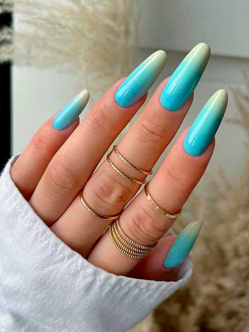 Long Almond Shaped Light Blue to Mint Ombre Nails for Summer 2022