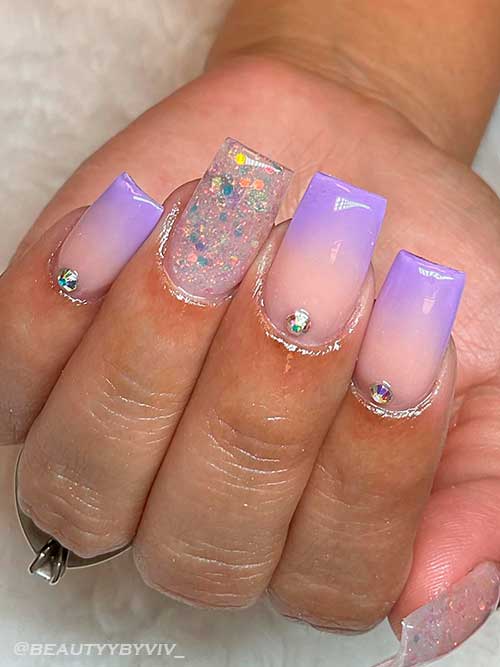 Light Purple Ombre Nail Design Medium Square Light Purple Ombre Nails with Confetti Glitter Clear Accents