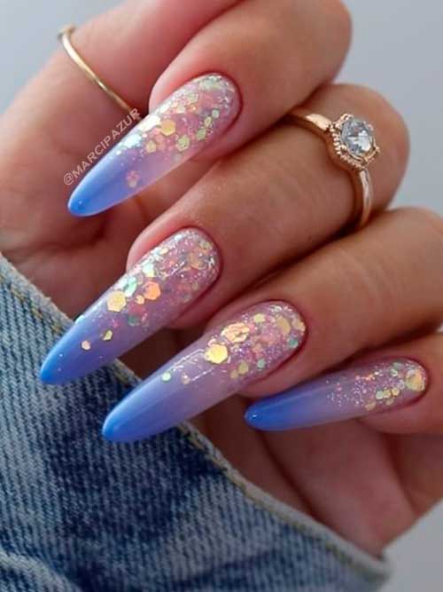 Long Almond Shaped Royal Blue Ombre Nails with Glitter for Summer 2022