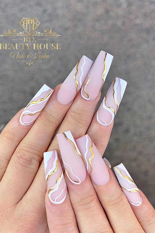 Long Coffin Gold and White Swirl Nails