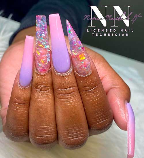 Long Coffin Pink and Purple Ombre Nails with Confetti Glitter Accents