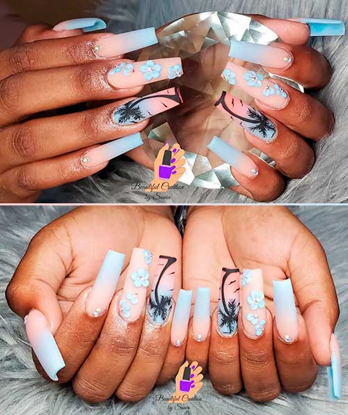 Long Pink and Light Blue Ombre Nails Long Square Shaped Pink and Light Blue Ombre Nails with Rhinestones, 3D Flowers and Palm Accent Nails
