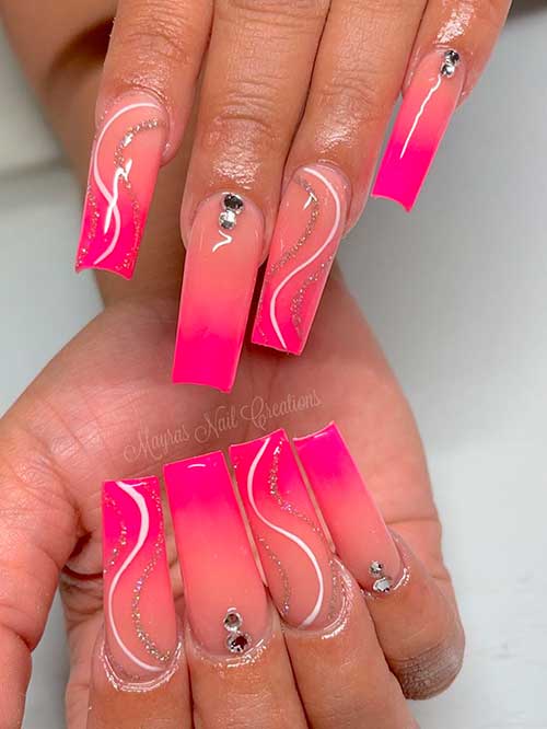 Long Square Hot Pink Ombre Nails with White and Gold Glitter Swirls and Rhinestones