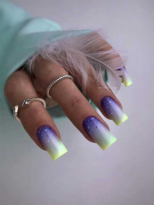 Long Square Shaped Ombre Purple to Lime Green Nails with Glitter Design