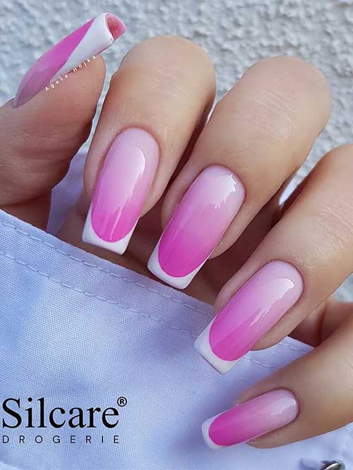 Long square-shaped pink ombre nails 2023 with white French tips