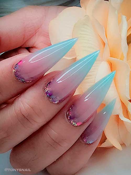 Lovely Stiletto Shaped Light Blue Ombre Nails with Glitter