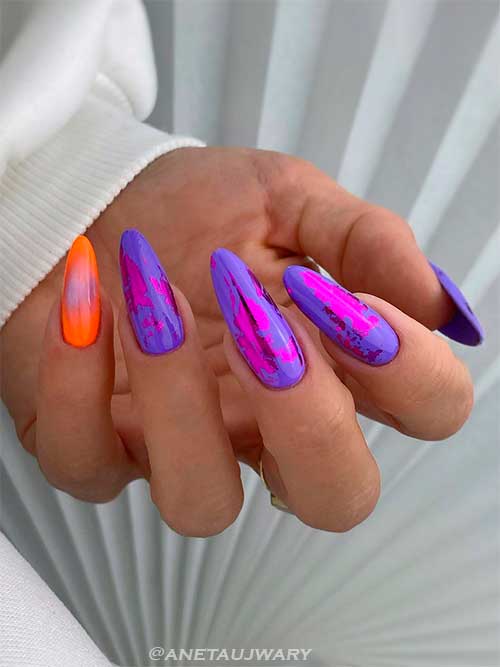 Lovely Purple Violet Nails with Pink Foil Transfers and Orange Accent Nail for Summer 2022
