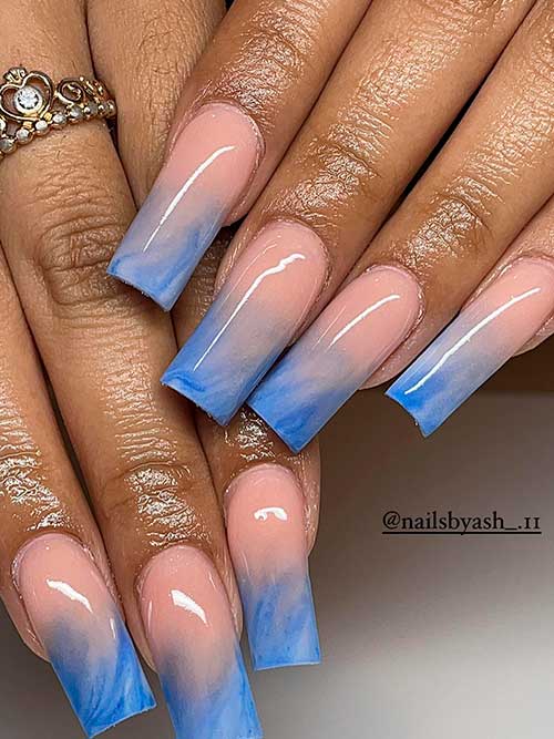 Long Square Shaped Marble Blue Ombre Nails Design