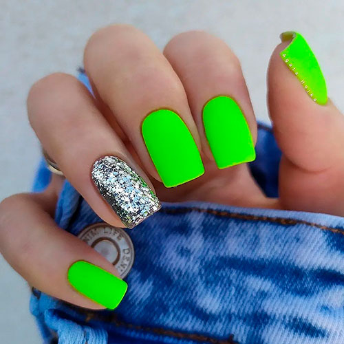 Square Matte Neon Green Nails with Sparkling Silver Accent for the Summertime