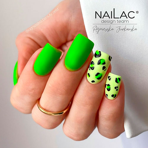 Matte Neon Green with Leopard Prints Nail Design Square Matte Neon Green Nails with Leopard Prints on Two Pastel lime Accents for Summer 2022