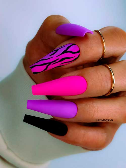 Matte Long Coffin Pink and Purple Nails with Animal Prints and Black Accent Nails for Summer 2022